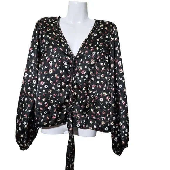Abercrombie & Fitch Women's XL Y2K Style Chic Floral Ruche Satin Blouse Black - Picture 2 of 9